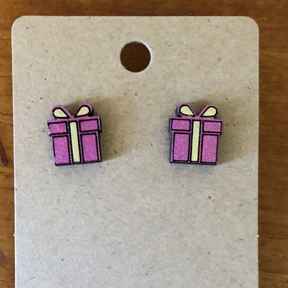 Pink Present Gold Ribbon Stud Earrings - Hand Painted Wood, Hypoallergenic - Picture 1 of 4